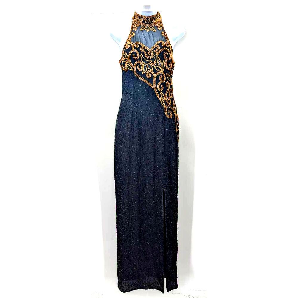 Michael Angelo Beaded Dress Black Gold Silk Sequin Gown Halter Sleeveless Small